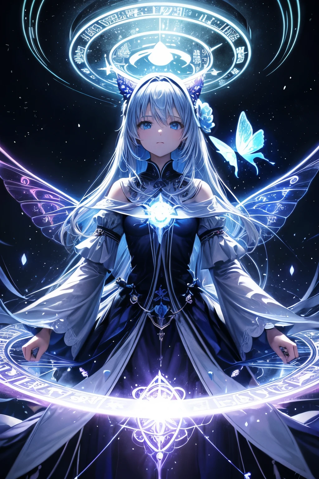 Ridiculous , High resolution, Super detailed, (1 girl:1.3), rest, dream dress, headgear, rest, light role, Dark Man, mind control, Fractal, whole body, 天flower板, artistic background, blue bioluminescence, geometric, organic, bless, favor, respectable, sublimation, noble, Expand, untie, anti-gravity, antimatter, A guardian angel, saint, 神saint, , dignified, red bioluminescence, flower, Holographic Wings, on the magic circle, Photon, Butterfly, scale, galaxy, Bick,