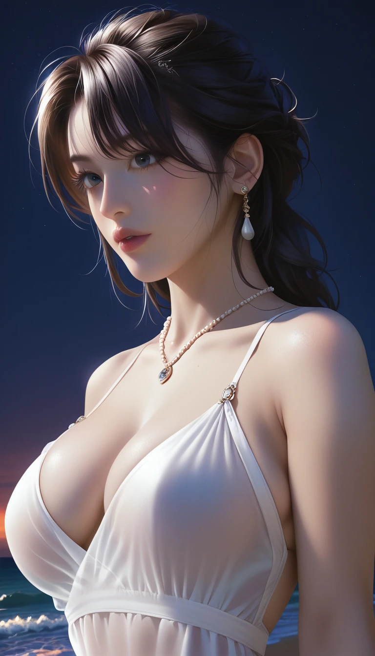score_9, score_8_superior, score_7_superior, Masterpieces with up to 16K resolution,Highest quality,it is really amazing,Very detailed,Ultra-high resolution,(Ultra-realistic:1.1),(Realistic:1.1),Increased depth of field,Cinematic lighting,
Elegant Japanese MILF,
Long black hair,Ultra-detailed and beautiful faces,Translucent white skin,Very detailedな肌,
(Elegant white swimsuit:1.1),
Bold design,Artistic design,Beautiful and detailed pattern,Detailed fabric texture,
Gorgeous necklace,Earrings,
(Bali Beach:1.1),(Dark beach at night:1.1),(Deserted beach:1.1),(A pitch black night sky with dark clouds:1.1),
(Dramatic Angle:1.1),