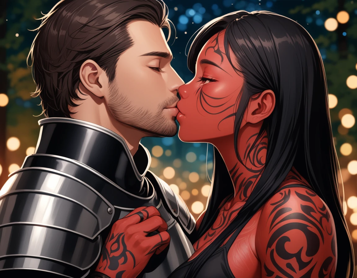 8K, RAW, best quality, masterpiece, ultra high res, colorful, portrait, (medium wide shot), (dynamic perspective), sharp focus , (depth of field, bokeh:1.3), extremely detailed eyes and face, beautiful detailed eyes,
couple, hugs, kiss, kissing, passion, love, moment,
(1man, Human, Caucasian, human Knight, male in fullplate armor, muscular, stubble, short black hair, brown eyes:1.75),
(1girl, Japanese, Oni, demon, girl with oni horns, girl with oni red skin, slander tail, wide samurai pants, geta footwear, black tight crop top, long black hair, red eyes, breasts bandage, medium breasts:1.75), BREAK
near campfire, lean back to tree, looking at viewer, facing viewer, right side view, forest background, dark forest, night time