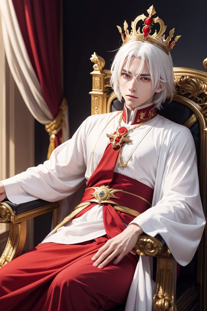 Anime character with white hair and red eyes sitting on a throne wearing a crown on his head, Apollo written on the blouse