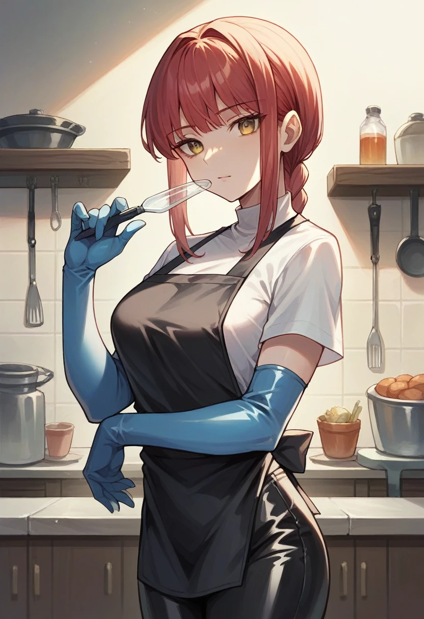 1girl, makima, ((blue elbow gloves)), ((surgical gloves)), ((latex gloves)), (shirt), ((long sleeves)), (black apron), (pants), looking at viewer, standing, solo