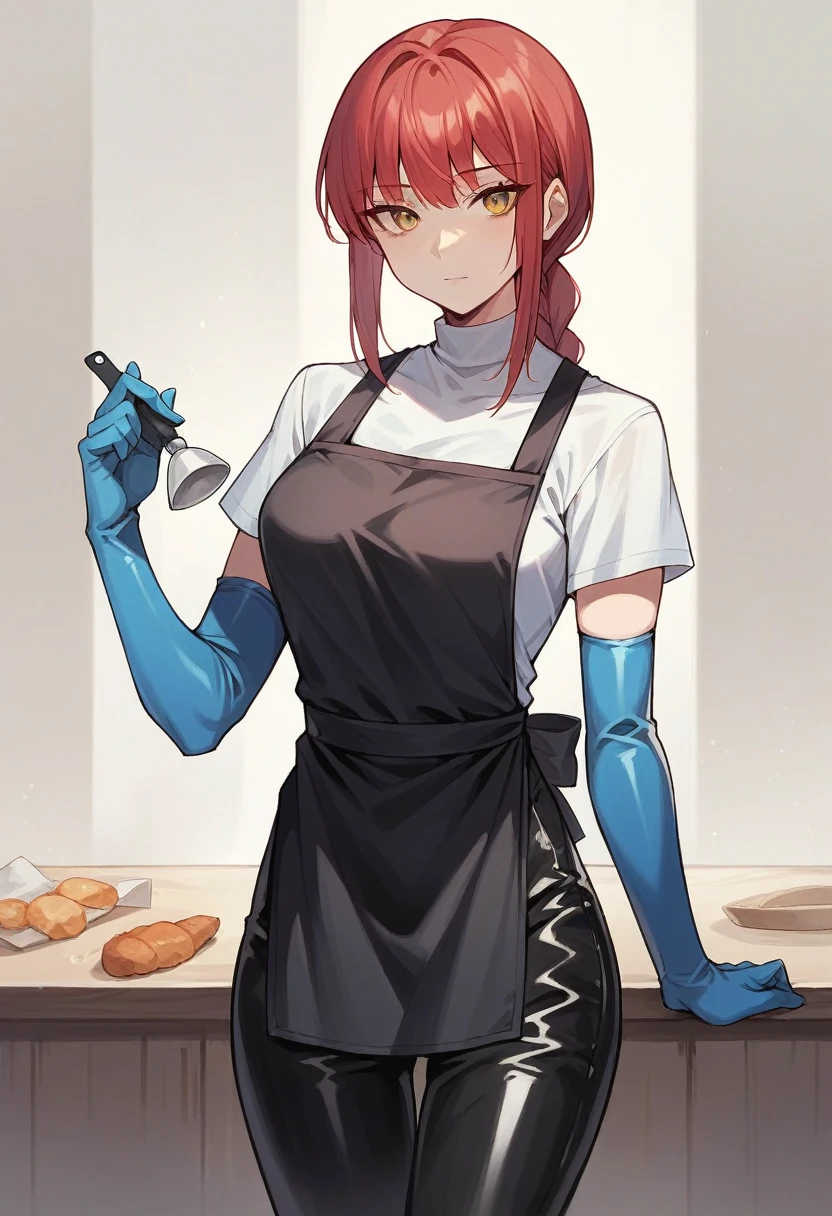 1girl, makima, ((blue elbow gloves)), ((surgical gloves)), ((latex gloves)), (shirt), ((long sleeves)), (black apron), (pants), looking at viewer, standing, solo
