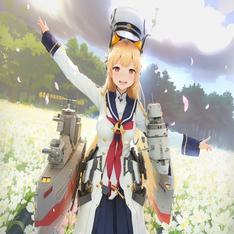 anime girl in uniform with arms outstretched in a field of flowers, from the azur lane videogame, azur lane style, kantai collection arcade, kantai collection style, anime machine gun, kancolle, kinmoza!, lolish, happy!!!, prominent keel-mounted turret cannon, konpeki no kantai, anime