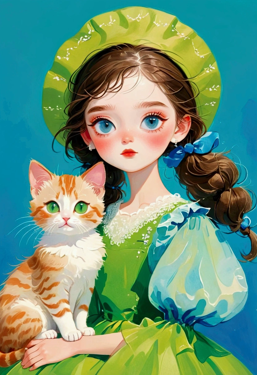 A painting，Pastel Art：(1Cute little girl and kitten,Blue pupils，Berets，Delicate hair,)，(Exaggerated dress，Puffy and exaggerated sleeves，Fluffy，Fluffy白色薄纱)，green solid color backdrop
