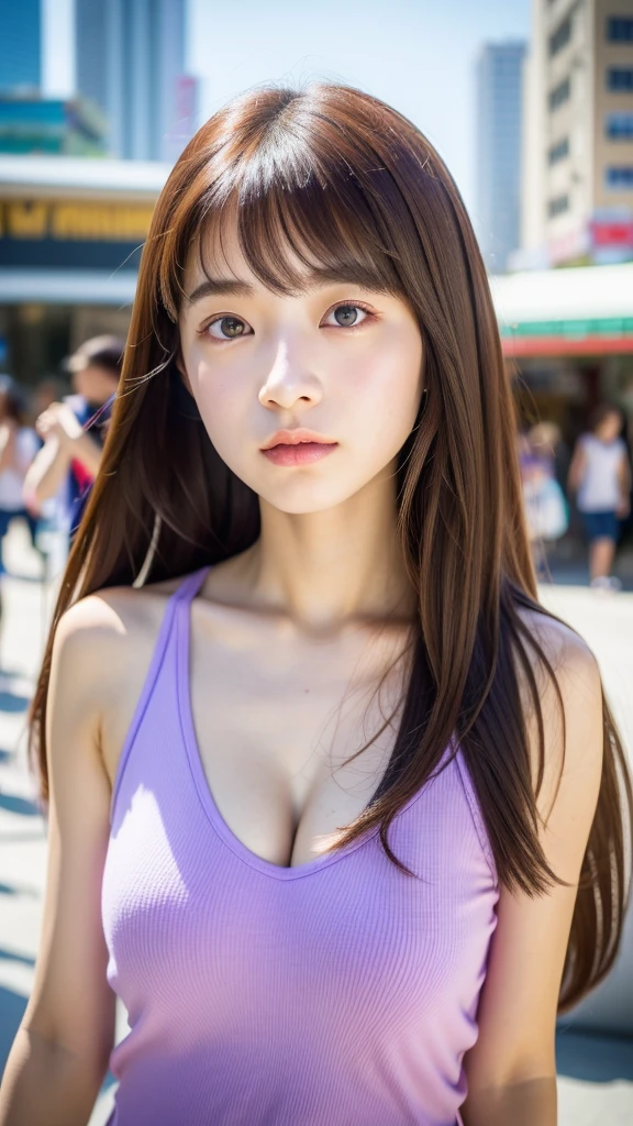 RAW photo, (best quality, 8k, 32k, masterpiece, UHD:1.2), ultra high resolution, (pretty a Korean early girl), 13 yrtrait, beautiful detailed eyes, semi long brown fluffy hair, bangs, (wearing purple tank-top), large breasts, cleavage, (crowded city boulevard on a bright sunny day:1.3), (detailed background:1.5)