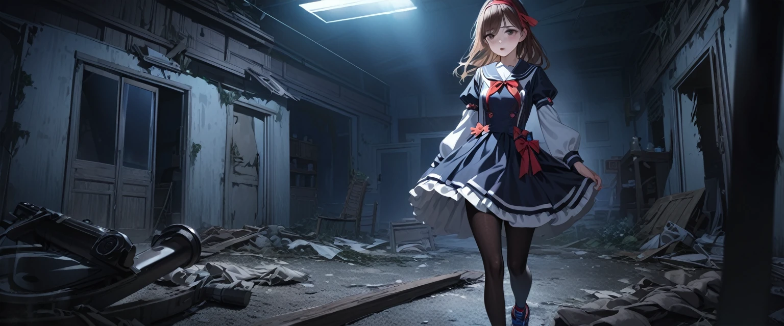 (Highest quality,4K,High resolution),Very detailed,Realistic, Japanese , Looks scared, Long brown hair,mysterious, Ecomodernism, Bokeh, Ribbon Headband,Small breasts,Futuristic Sailor ta Dress,Puff sleeves,White and blue,Colorful lighting, Red ribbon, Dark blue pantyhose,Sports boots, Have a flashlight, Walking alone through a haunted abandoned house, At night, Low Light, darkness, Very detailed, 4K.