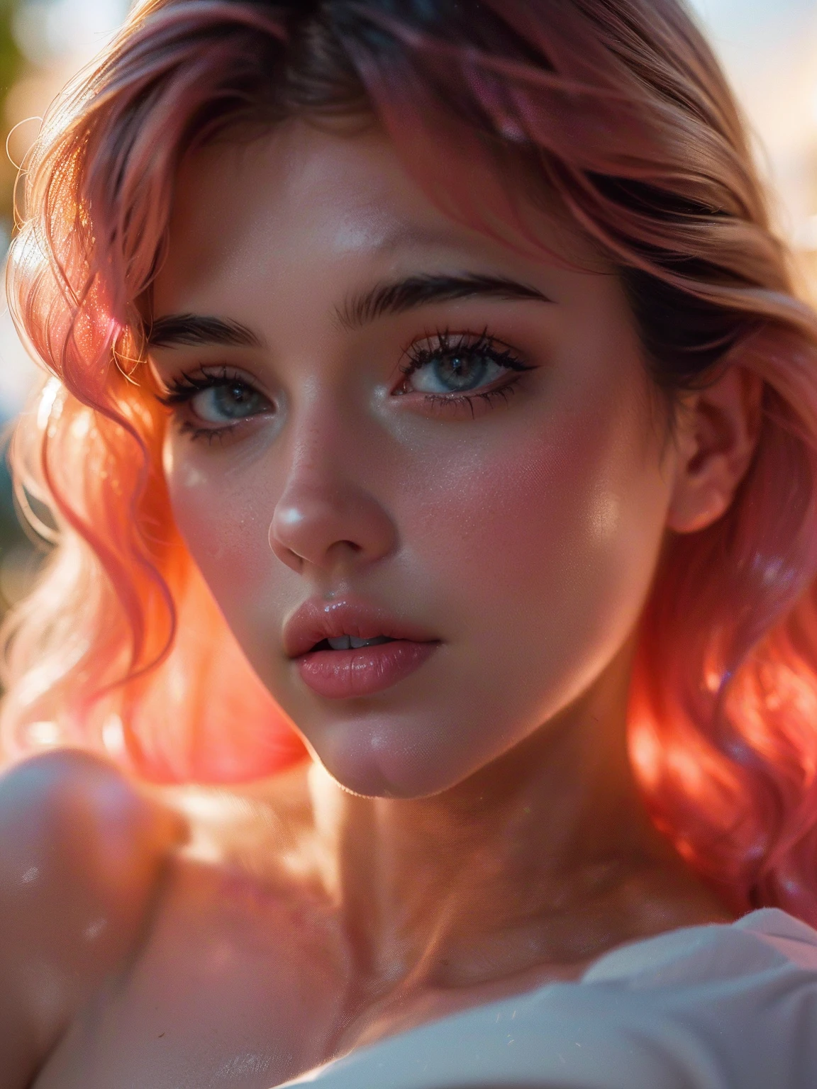 (((ultra realistic))) photoshot, work of art, Maximum quality, (Pale skin), (Rosto e olhos ultra detailds:1.3), 1 girl, -up, on a t-shirt, (eye make up, mascara) , ((Detailed big lips)), ((pink wavy hair)), ((Chyolka)) , (natural breasts), Waist slender. ((posando)), photoshoot, studio (soft lighting), (The play of light and shadows), Depth of field, bokeh, (special attention to skin details: 1.2), Detailed leather texture, skin pore. (Airy frame atmosphere. Color range - delicate, Ablaze, offwhite, Tons rosa), dr, ((film grain)), ((lightning strikes)), ((sheen)), ((Portrait from waist up, close to the camera)) , ultra detaild, 