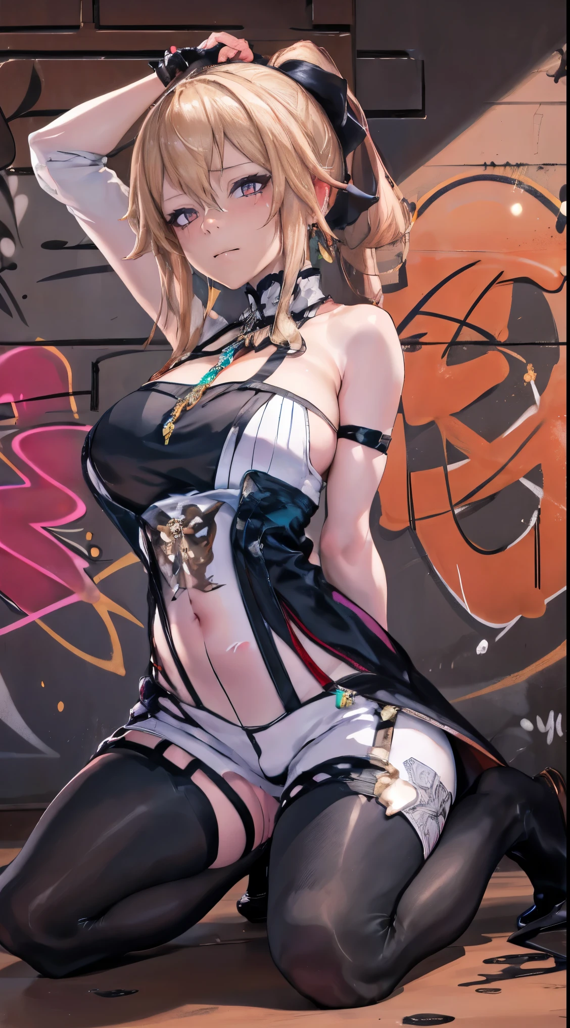 The Genshin Impact, masterpiece, best quality, 1 Girl, , ,only, Crop Top, Shorts Jeans, Necklace, (Graffiti:1.5), Splash with purple lightning pattern., Arms behind your back, Against the wall, View from the front., Thigh straps, Head tilt, boring, Water Eye,Kneel down，Legs apart，Camel toe