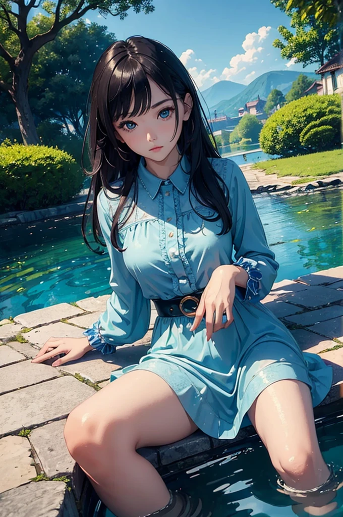 (((masterpiece)))、(((top quality)))、((ultra detailed)) Young woman,Sitting Near the Pond,beautiful shapes,beautiful view,Bright water,very attractive,Eyes bright blue,dark hair,temptation