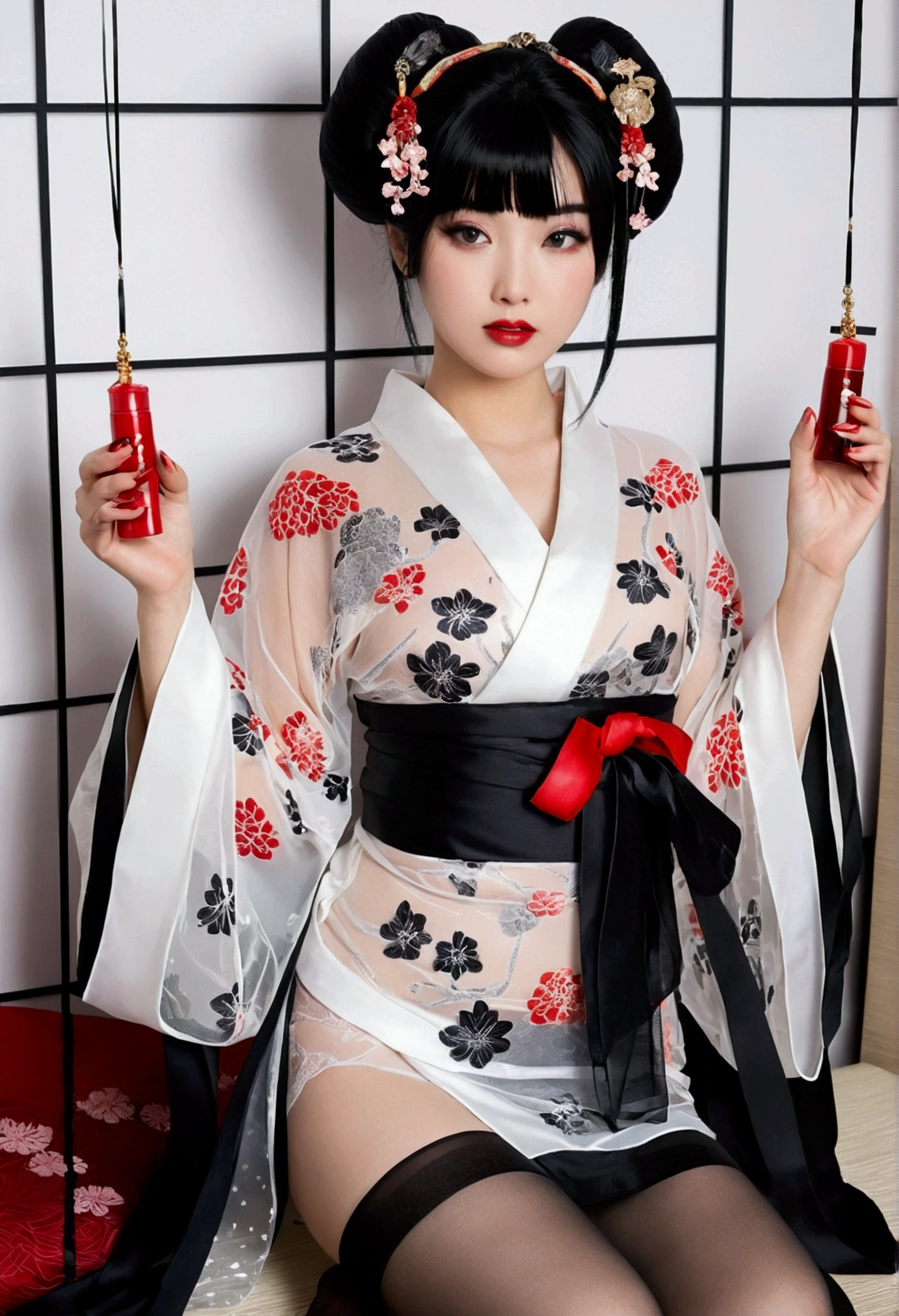 black hair, hair ornaments, Upper body, kimono, kimono, sash, compensate, lipstick, red nails, ,silk stockings ,See-through hakama, ,whole body ,See-Through,, black nylon , silk stockings ,See-through、 ,sheer ,enamel hair ornaments