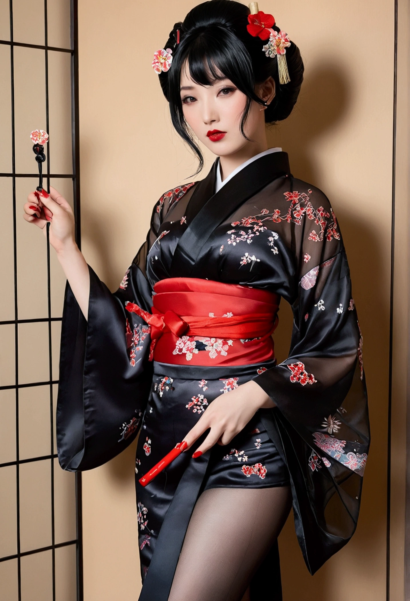 black hair, hair ornaments, Upper body, kimono, kimono, sash, compensate, lipstick, red nails, ,silk stockings ,See-through hakama， ，whole body　,See-Through,, black nylon , silk stockings ,See-through、　,sheer ,enamel 　hair ornaments