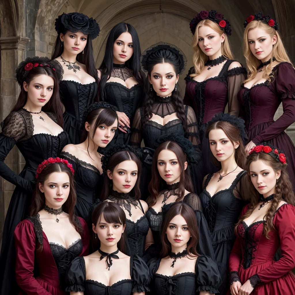 beautiful group of 18 personil woman dutch wearing gothic costume focus on face