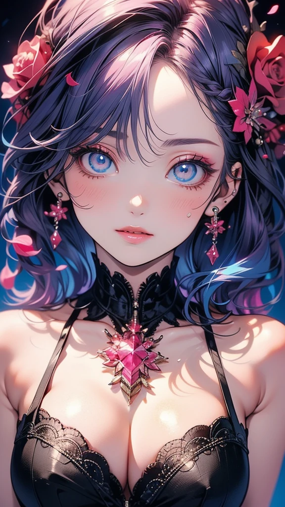 ((masterpiece)), (Highest quality))),Very detailed, Seductive erotic woman sweating, (Very delicate and beautiful face), (Beautiful eyes in every detail),Breasts covered in rose petals, (Big Breasts, pink/Blue Hair), Focus on the face, Focus on the face, Complex eyes,Elaborate decoration,