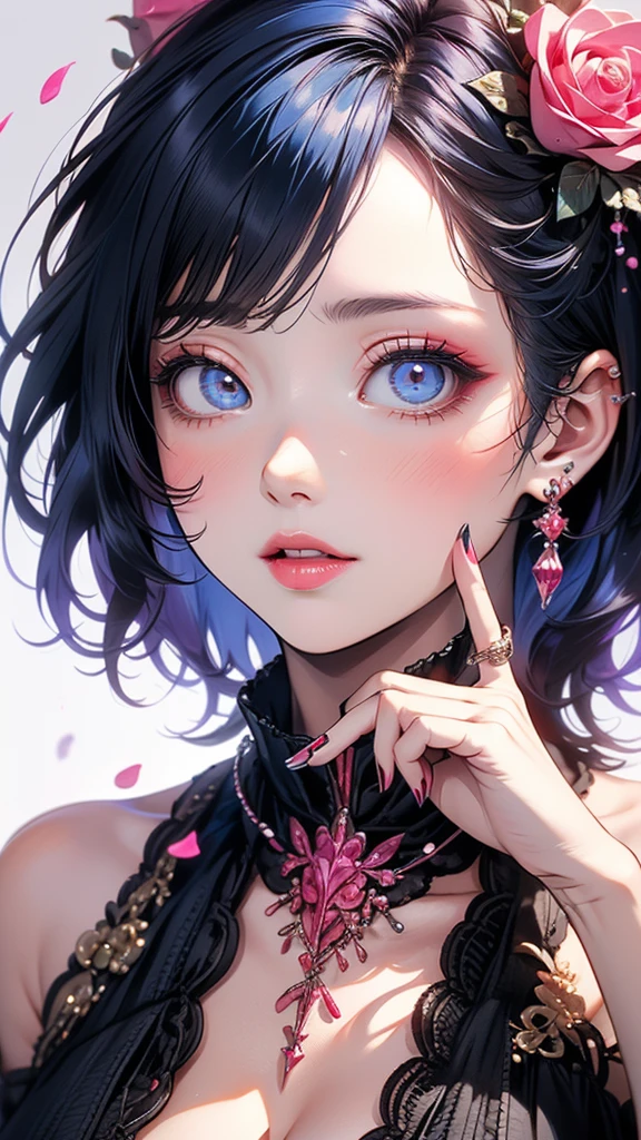 ((masterpiece)), (Highest quality))),Very detailed, Seductive erotic woman sweating, (Very delicate and beautiful face), (Beautiful eyes in every detail),Breasts covered in rose petals, (Big Breasts, pink/Blue Hair), Focus on the face, Focus on the face, Complex eyes,Elaborate decoration,