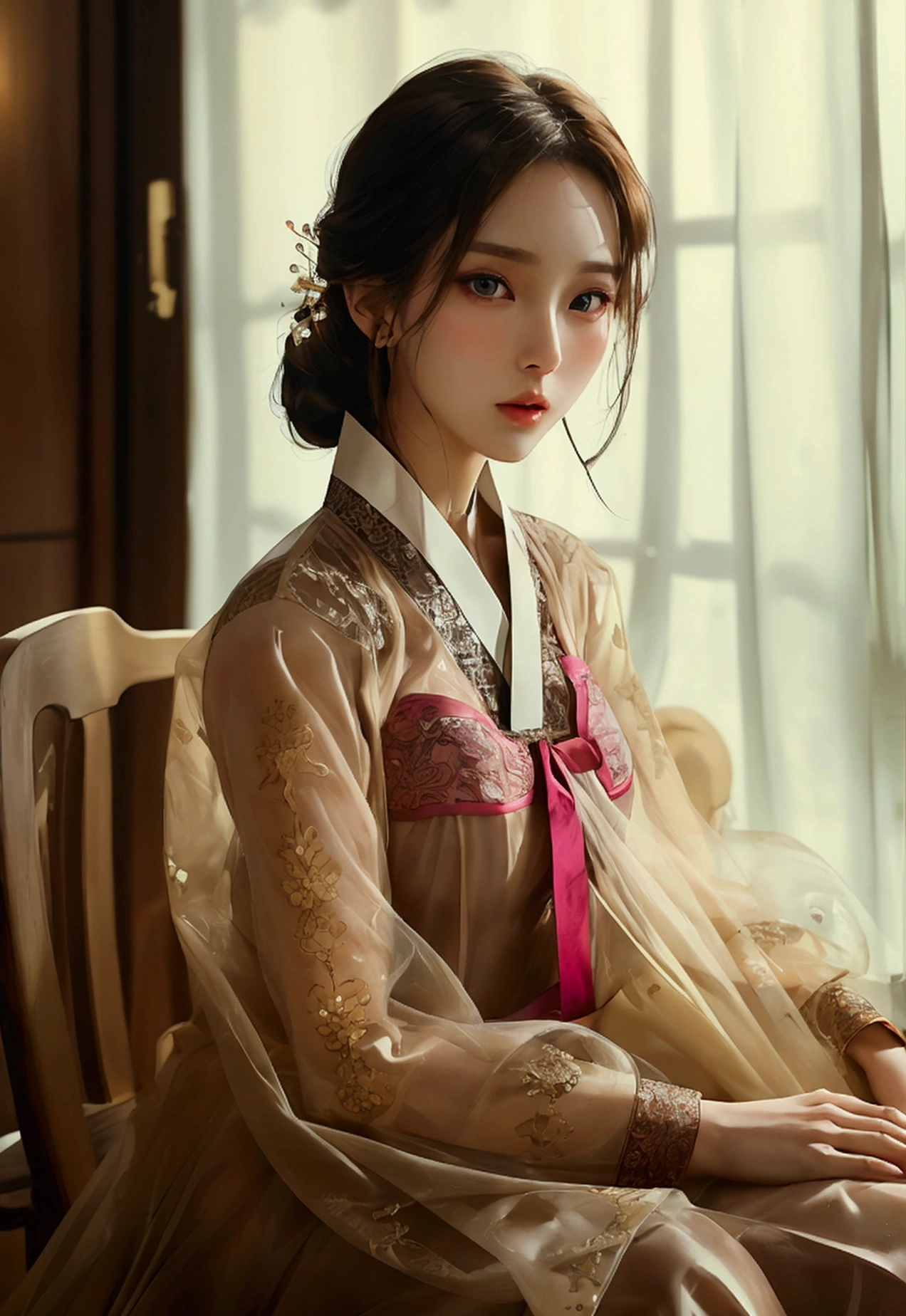 Create an image of a beautiful woman wearing a see-through traditional Korean nightgown, so thin that you can see the sexiest skin. She has a slender face, sharp eyes, long hair, a responsive face, a high nose, and thin lips. Her breasts are 32 inches with pink nipples, her waist is 24 inches, her hips are 33 inches, her skin is bright and white. She has light brown hair. Her figure was slim and slightly muscular. And she was sitting with her legs spread open showing her very attractive genitals.