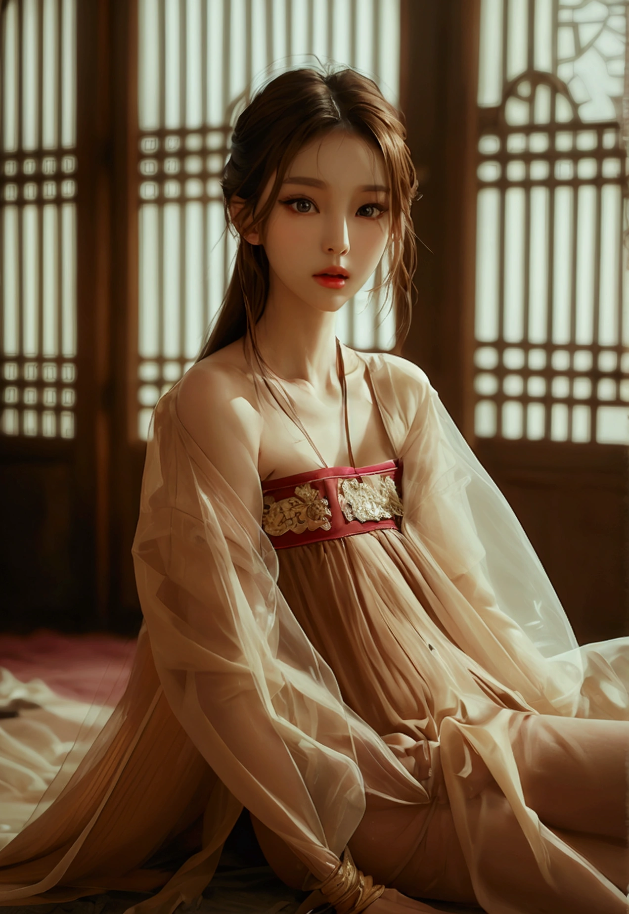 Create an image of a beautiful woman wearing a see-through traditional Korean nightgown, so thin that you can see the sexiest skin. She has a slender face, sharp eyes, long hair, a responsive face, a high nose, and thin lips. Her breasts are 32 inches with pink nipples, her waist is 24 inches, her hips are 33 inches, her skin is bright and white. She has light brown hair. Her figure was slim and slightly muscular. And she was sitting with her legs spread open showing her very attractive genitals.