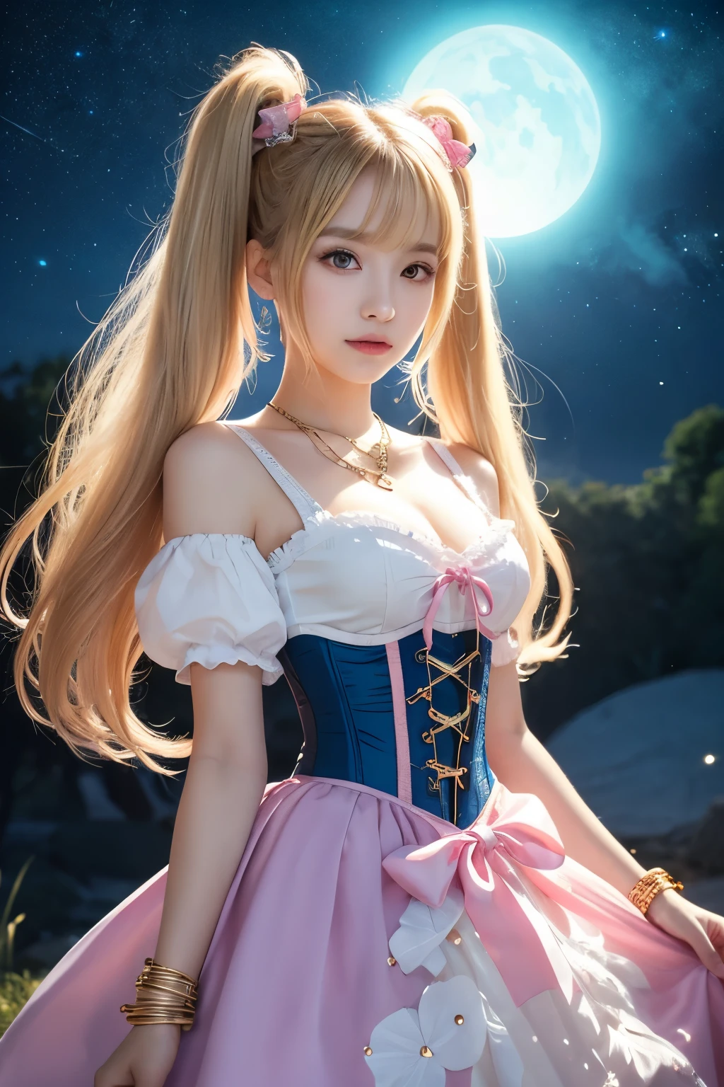 Detailed illustration of an anime style female character with blonde twin tails。The twin tails are tied with pink ribbons.。She is wearing a pink and blue magical girl-style outfit.、The pink corset has gold buttons.、With fluffy sleeves that expose the shoulders、The voluminous skirt is paired with a blue overskirt.。She accessorizes with a blue gemstone necklace and matching bracelet.。Her expression is calm、Has a slight reddish hue。The background is a starry sky、There was a glowing halo behind her head.、It creates a sacred atmosphere。