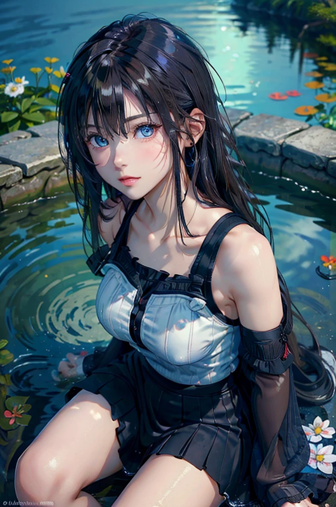 (((masterpiece)))、(((top quality)))、((ultra detailed)) Young woman,Sitting Near the Pond,beautiful shapes,beautiful view,Bright water,very attractive,Eyes bright blue,dark hair,temptation