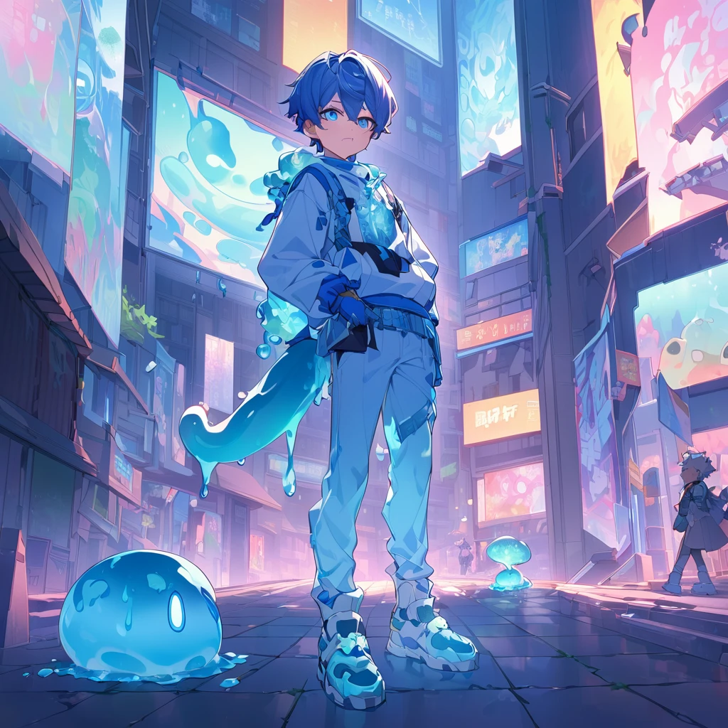 小boy,boy,There is a tail,cute,Thin,struggle,Everlasting,Crystallization,Blue pigments,Blue feet,Blue hands,Blue Slime蔓延脚,Blue Slime包裹手,illumination,freeze,脚被freeze,charming,boy们 ,Blue crystal feet,Wearing tights,Full body portrait,smooth,full-body tights,Thin,Light blue gel coat,Wear only pants,outdoor,Small pants,Slime spreads on the body,outdoor,Standing,Blue anime eyes,Thin的小boy,Blue Slime包裹脚,Blue Slime,Blue Slime包裹手,Blue Slime蔓延手,Put your hand in the slime,Slime Hand,Thin的小boy,Boys,Shota