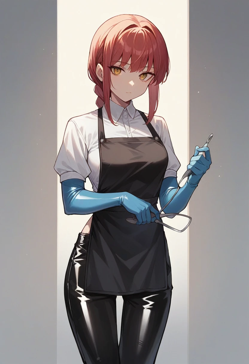 1girl, makima, ((blue elbow gloves)), ((surgical gloves)), ((latex gloves)), ((white shirt)), ((long sleeves)), (black apron), (pants), looking at viewer, standing, solo
