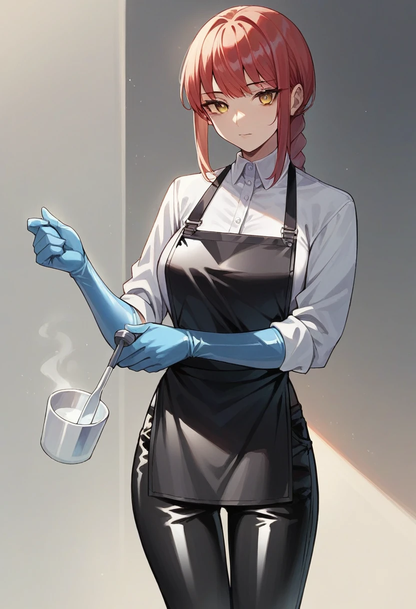 1girl, makima, ((blue elbow gloves)), ((surgical gloves)), ((latex gloves)), ((white shirt)), ((long sleeves)), (black apron), (pants), looking at viewer, standing, solo
