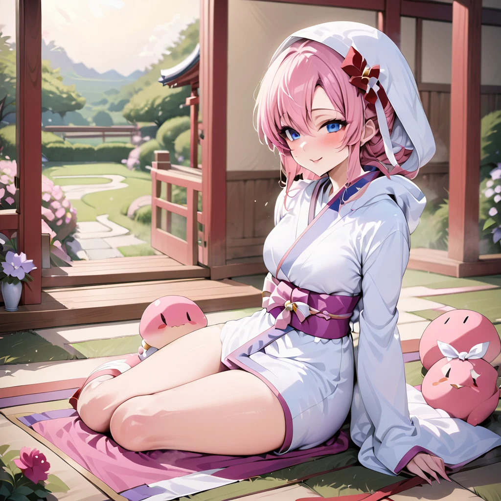 ((Highest quality)), ((masterpiece)), (detailed), （Perfect Face）、The Japanese princess is Lacus Clyne, with blue eyes, pink hair that is tied up, and a white Japanese wedding hood and a pure white wedding kimono called Shiromuku.、The woman is in a Japanese garden