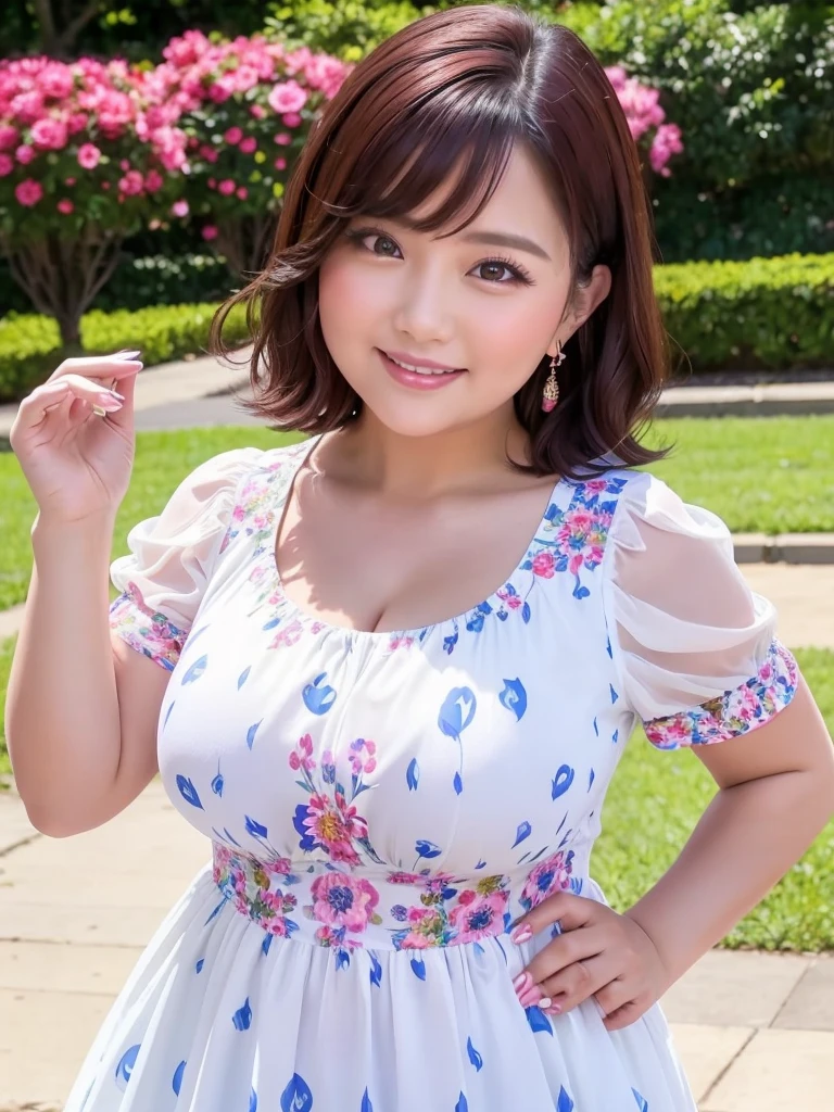 A beautiful and hot almost chubby mature woman.who is wearing a patterned short dress and is and standing in the park. A smiling face、sexy woman、A radiant smile、adorable、race、Frills、Colorful design、Full-length mirror、An inviting gaze、Gorgeous long and beautiful hairstyle、variation Hairstyle、Open neck blouse、Flower Garden、Sparkling、Elegant Princess、さらさらヘアー