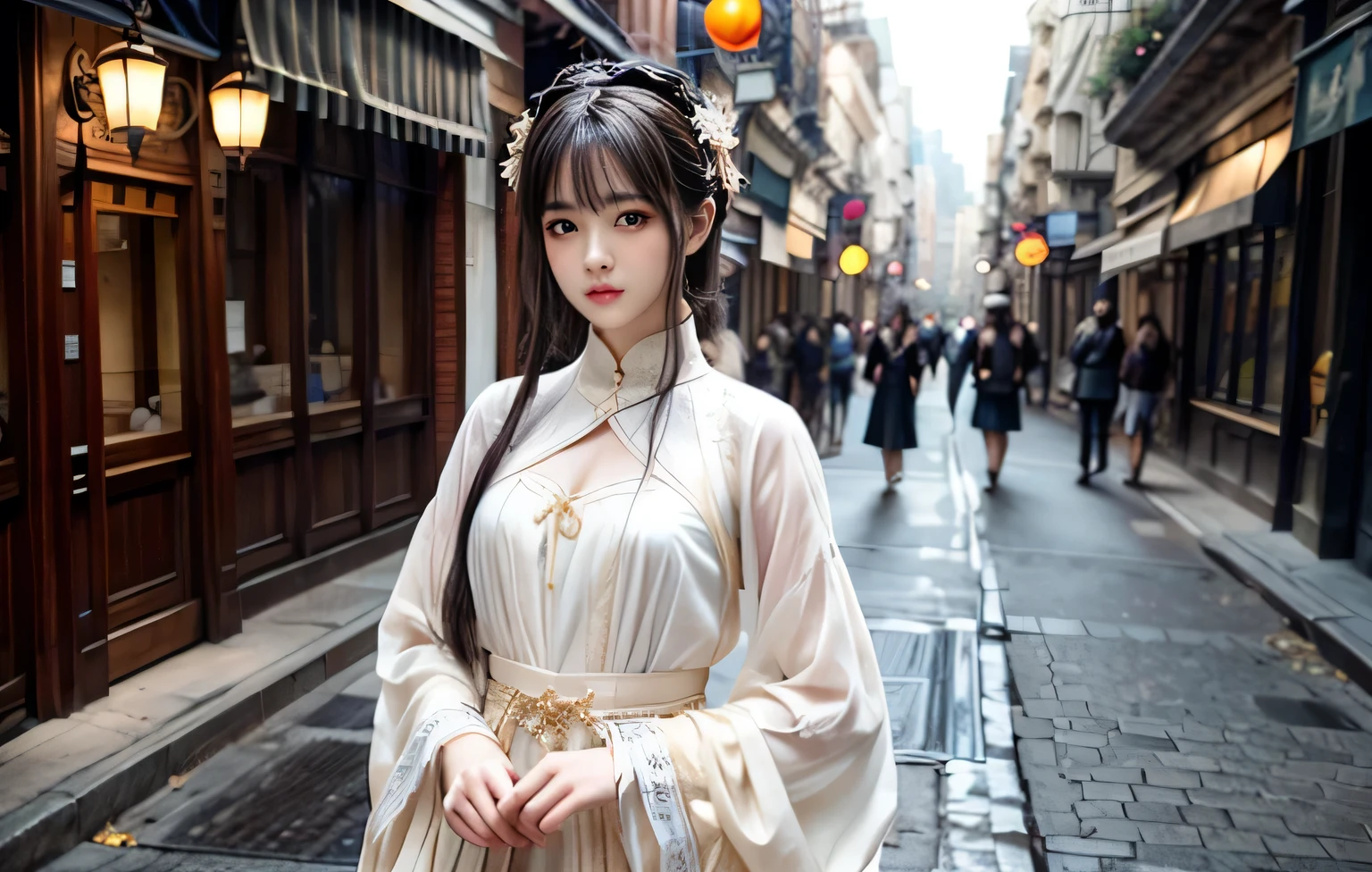 Beautiful girl on the street,only one person,antique skirt,The costumes are detailed and complete,slim body,Natural expressions,Soft light and shadow,The proportions of the characters are reasonable,Normal human eyes,Eyes are delicately drawn,Delicate facial details,Detailed sculpting of upper body,Attention to detail,The texture is delicate,vivid emotional description,meticulous detail。