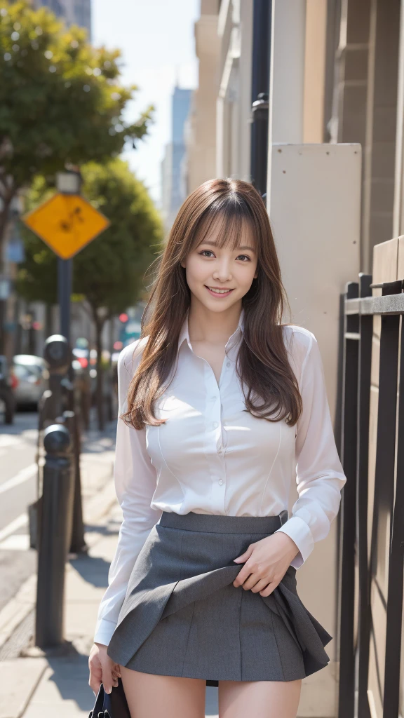 Woman in a suit standing on the sidewalk,((25-year-old woman))、small Breasts、Dark brown hair color、Hairstyle with bangs、Various hairstyles、Hairstyles of different lengths、(8k, RAW Photos, highest quality, Tabletop: 1.2),、(Realistic, Realistic: 1.3), Cityscape, Day, Sunny Morning, Professional Lighting, Photon Mapping, shirt, (Woman in a suit,) Silk Suit、Pencil Skirt、Tight Skirt、((Delicate photo))，(Detailed RAW Photos of Girls), (Tabletop:1.25), (highest quality:1.6), (超A high resolution:1.5), (Realistic:1.75), 8k resolution, Canon EOS R5, 50mm, absurdes, Ultra-detailed,Cinema Lighting, (Skirt Lift:1.4)、nsfw、the wind is strong、smile、Skirt flipped up、sexy white panties