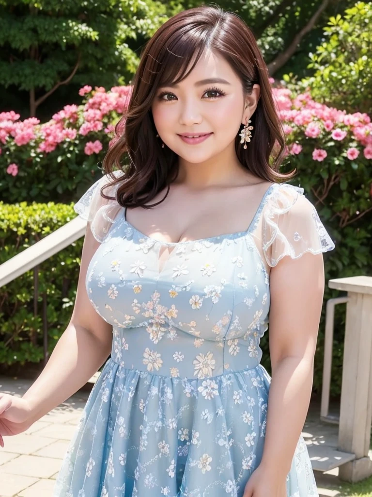 A beautiful and hot almost chubby mature woman.who is wearing a patterned short dress and is and standing in the park. A smiling face、sexy woman、A radiant smile、adorable、race、Frills、Colorful design、Full-length mirror、An inviting gaze、Gorgeous long and beautiful hairstyle、variation Hairstyle、Open neck blouse、Flower Garden、(flower:1.2)、Full body photo、((Delicately decorated dress))、1人,