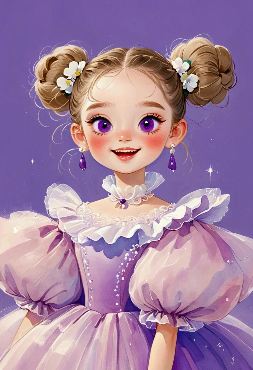 A painting，Pastel Art：(1 cute little girl,Purple pupils，Laugh out loud，teeth，High bun，Delicate hair,)，(Exaggerated dress，Puffy and exaggerated sleeves，Fluffy，Fluffy白色薄纱)，Purple solid background
