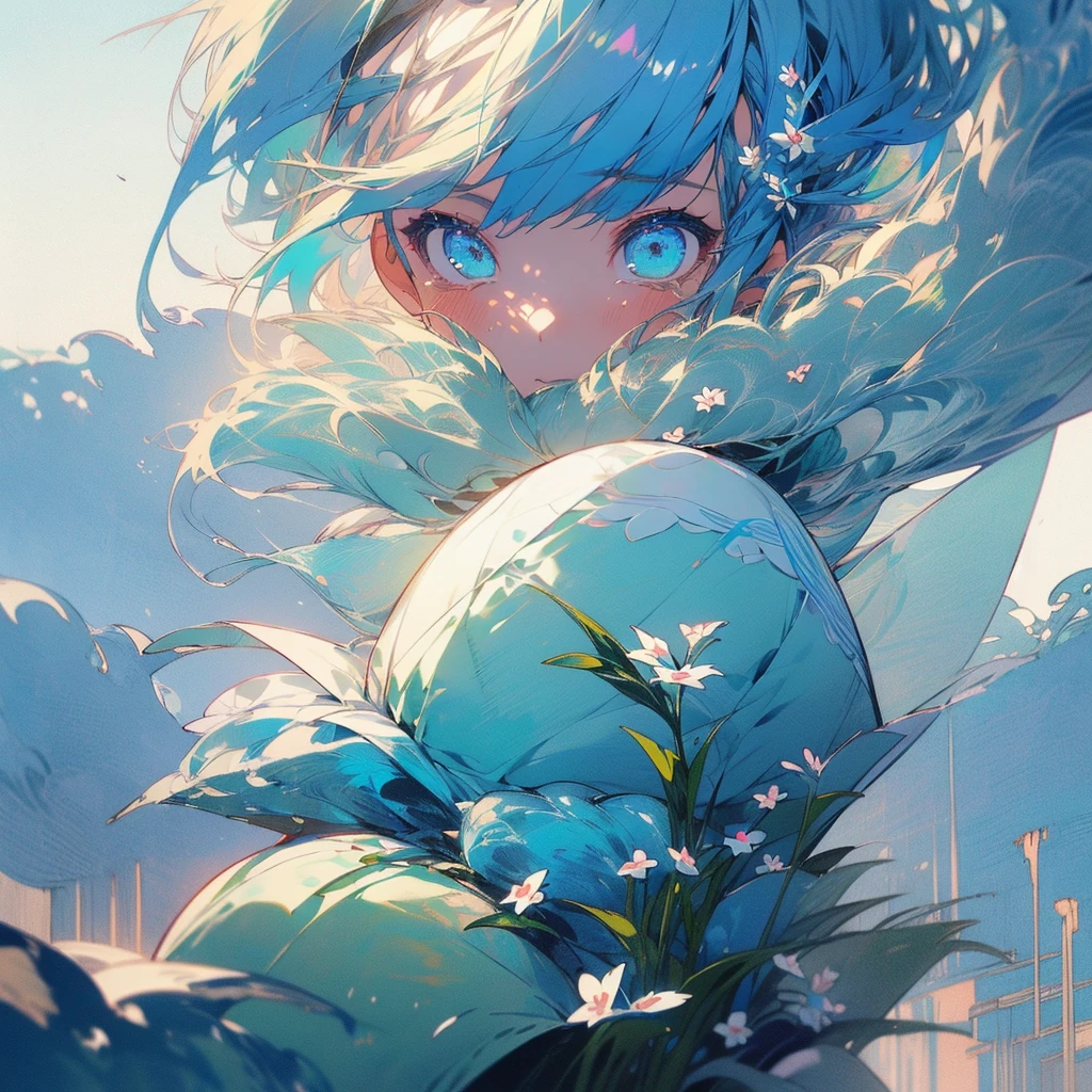 (1 girl:1.3)、(Light blue hair:1.2)、Wearing light blue and green kimono、(masterpiece, Highest quality,Beautiful details, Very detailed, :1.2), mysterious、forget-me-not、Don't forget、tears、Sad space、Highest quality、Landscape painting、