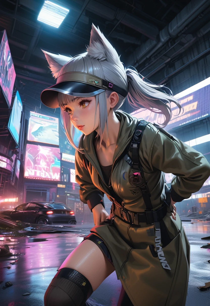 photorealistic,(Masterpiece, BestQuality), (hyperrealistic), (8k,Photorealistic),cyberpunk,girl scouting the surrounding area,cheerful,BREAK (15yo,cute,silver hair,ponytail,wolf ear,sun visor,wolf groves,eyes with large irises,small nose, fresh lips,middle small breasts,white and khaki onepiece,mini skirt,wolf tail,khaki knee high socks,platform boots),BREAK dynamic pose,absurd, unusual, extraordinary, in cyberpunk landfill, intricate details, depth of field,portrait, sharp,