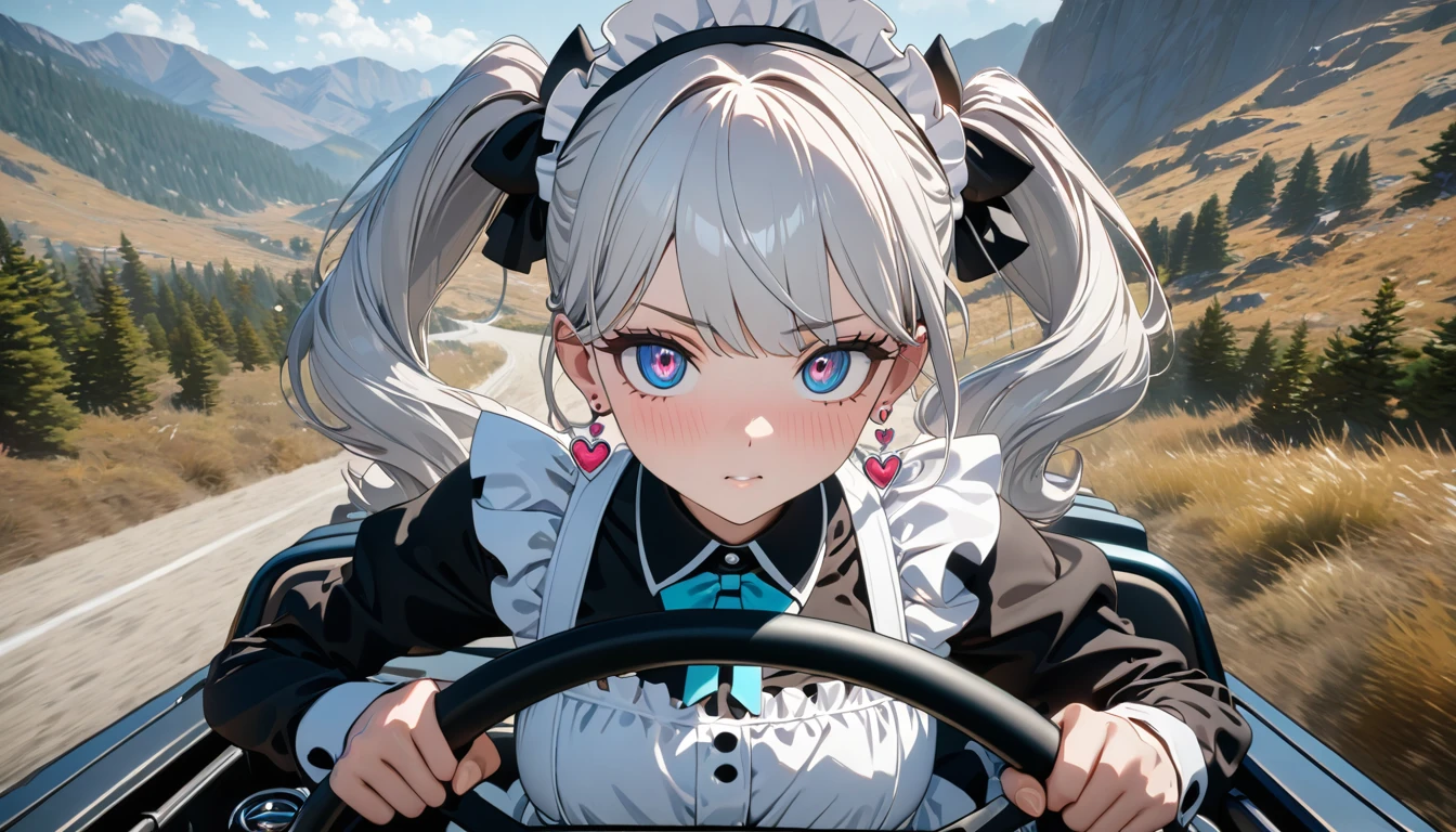 ((best quality)), ((masterpiece)), (detailed), perfect face, ((Best quality, 8k, Masterpiece: 1.3)), Sharp focus, Highly detailed face and skin texture, Detailed eyes, Double eyelid, silver hair, twin tails, hair flower, heart earrings, A maid costume with frills, white brim, high resolution, Textured skin, anime style, A maid driving a jeep, Jeep Wrangler Sport, Running on mountain roads