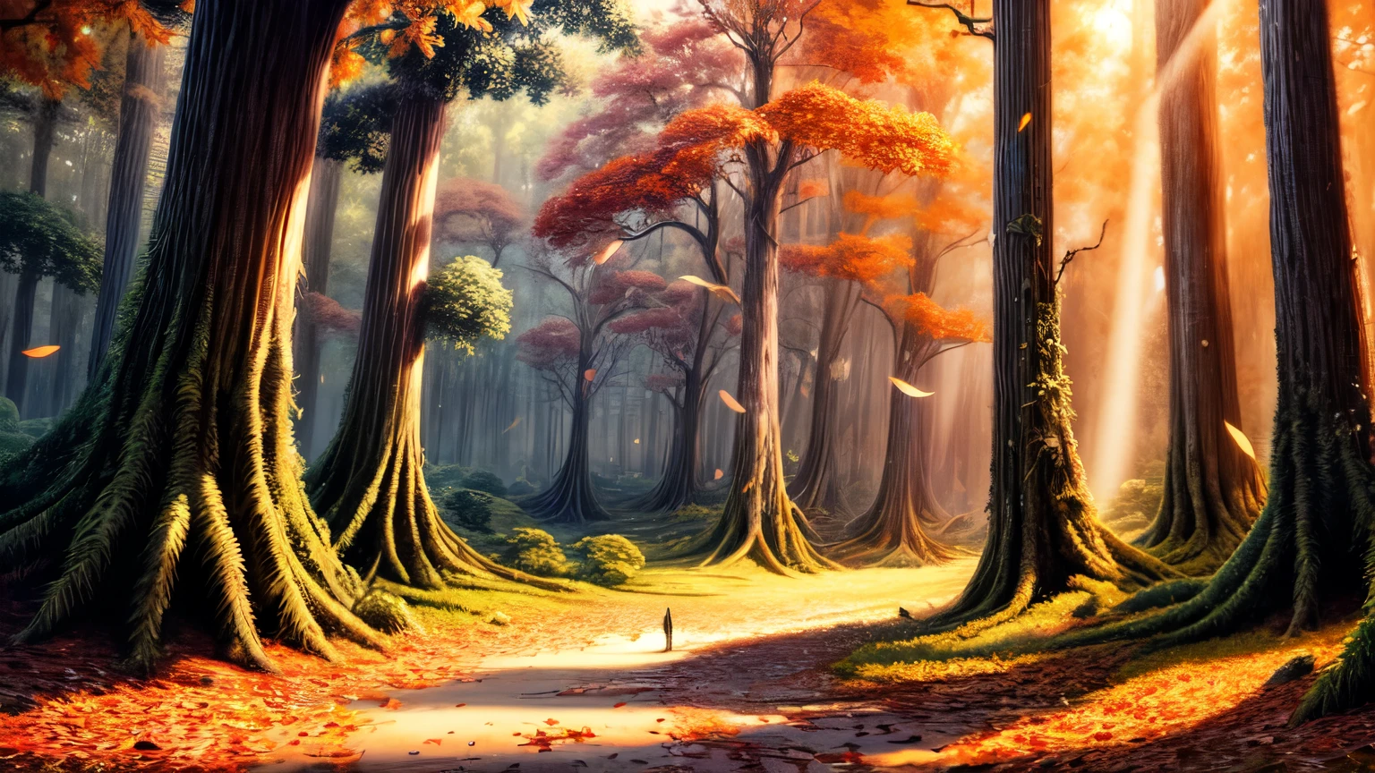 masterpiece, best quality, intricate details, professional illustration, dramatic lighting, sharp focus, 16k, luminous flowers, magical, orange leaves, tall trees, forest clearing, fantasy, galactic sky, dusty light rays, 