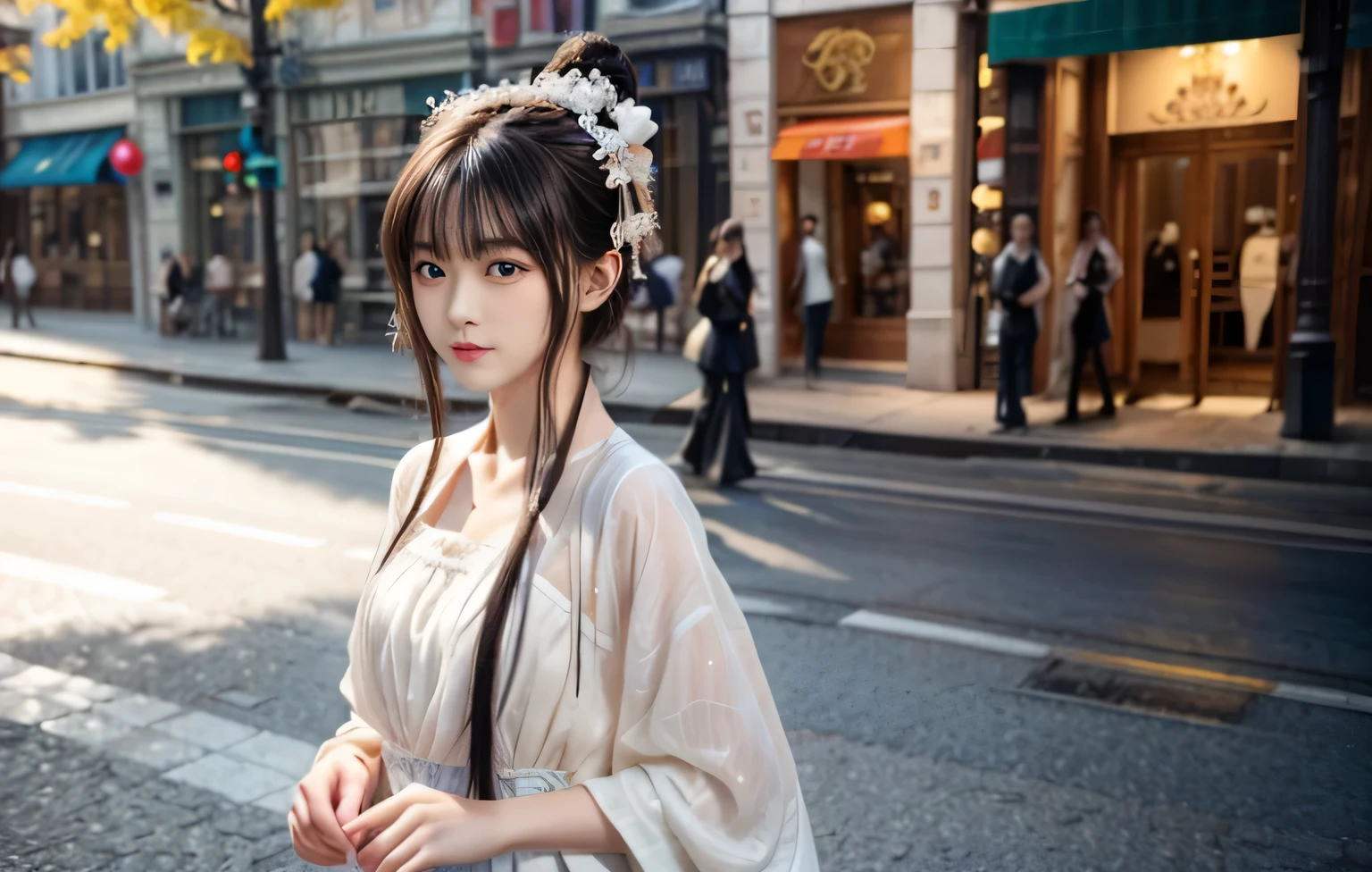 Beautiful girl on the street,Just one person,Youth image,The costumes are detailed and complete,slim body,Natural expressions,Soft light and shadow,The proportions of the characters are reasonable,Normal human eyes,Eyes are delicately drawn,Delicate facial details,Detailed sculpting of upper body,Attention to detail,The texture is delicate,vivid emotional description,meticulous detail