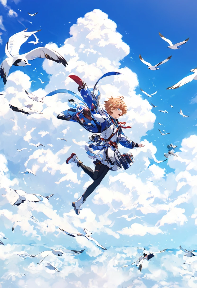 Shinkai Chengwei, Beautiful sky, Boy blown by the wind、Flying in the sky、 Birds are flying,