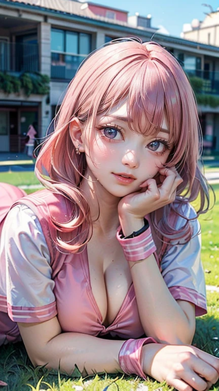 ((Highest quality, 8k, masterpiece :1.3)), (Sharp focus :1.2, Beautiful woman with perfect figure :1.4, Slim Abs), ((Big Breasts, Emphasize cleavage:1.2)), (Photorealistic:1.4), (realistic:1.4), (Pink Hair:1.5), Highly detailed face and skin texture, Fine grain, double eyelid. Makeup face, A little bit of lipstick, sex appeal, Sexy gravure pose, ((Pink Sailor Suit、The background is the schoolyard during lunch break.、An innocent smile、Wristband、Lying on the grass。:1.3)