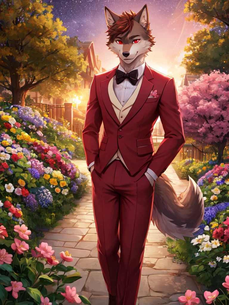 top quality, expensive resolution, clear image, detailed background, 1 boy, wolf, furry, pink fur, tail, flower, garden, starry sky, pink elegant suit, and brown pants, red eyes