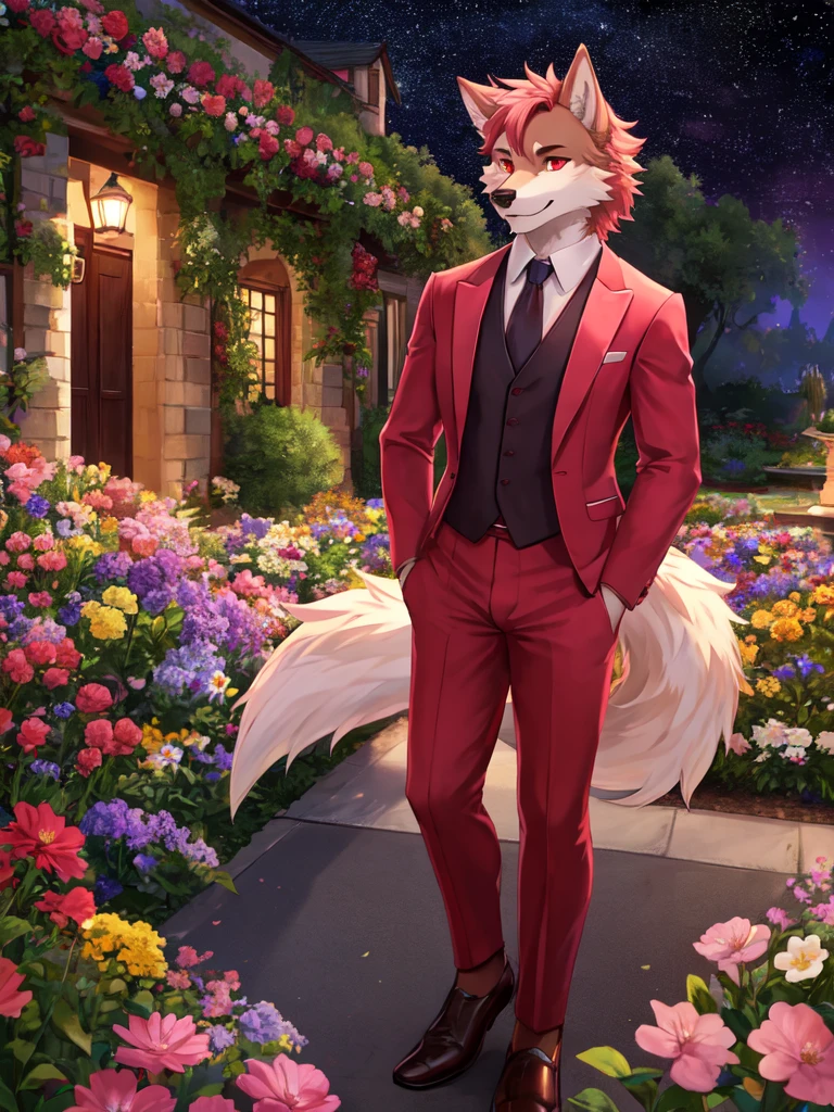 top quality, expensive resolution, clear image, detailed background, 1 boy, wolf, furry, pink fur, tail, flower, garden, starry sky, pink elegant suit, and brown pants, red eyes