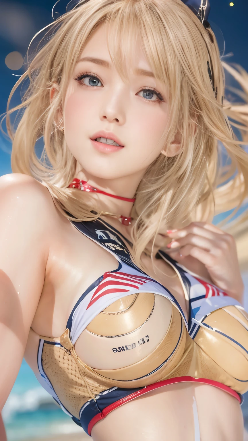 Tears of joy, (Flashy competitive swimwear, Beach volleyball player), (Sandy Beach, valley ball:1.5), Background is the moon sky, doaxvv_Marie Rose, 1girl, big bouncing busts. black choker, uhd, retina, masterpiece, ccurate, anatomically correct, textured skin, super detail, high details, high quality, best quality, highres, 4K