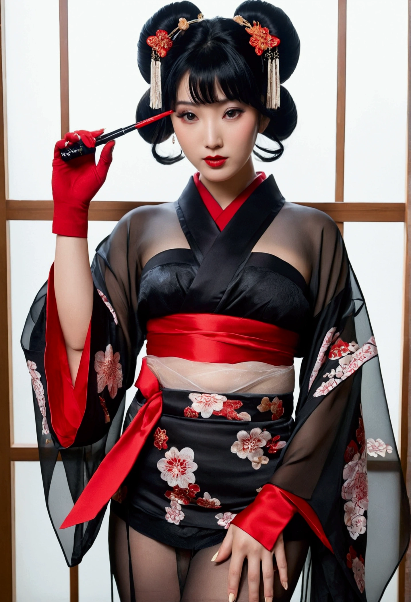 black hair, hair ornaments, Upper body, kimono, kimono, sash, compensate, lipstick, red nails, ,silk stockings ,Unpatterned　See-through hakama， ，whole body　,See-Through,, black nylon , silk stockings ,See-through、　,sheer ,enamel 　hair ornaments