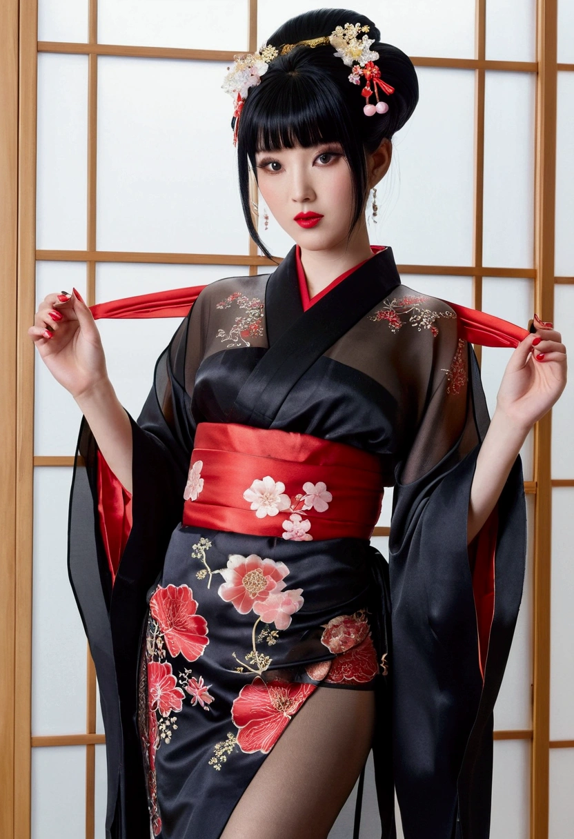 black hair, hair ornaments, Upper body, kimono, kimono, sash, compensate, lipstick, red nails, ,silk stockings ,Unpatterned See-through hakama, ,whole body ,See-Through,, black nylon , silk stockings ,See-through、 ,sheer ,enamel hair ornaments