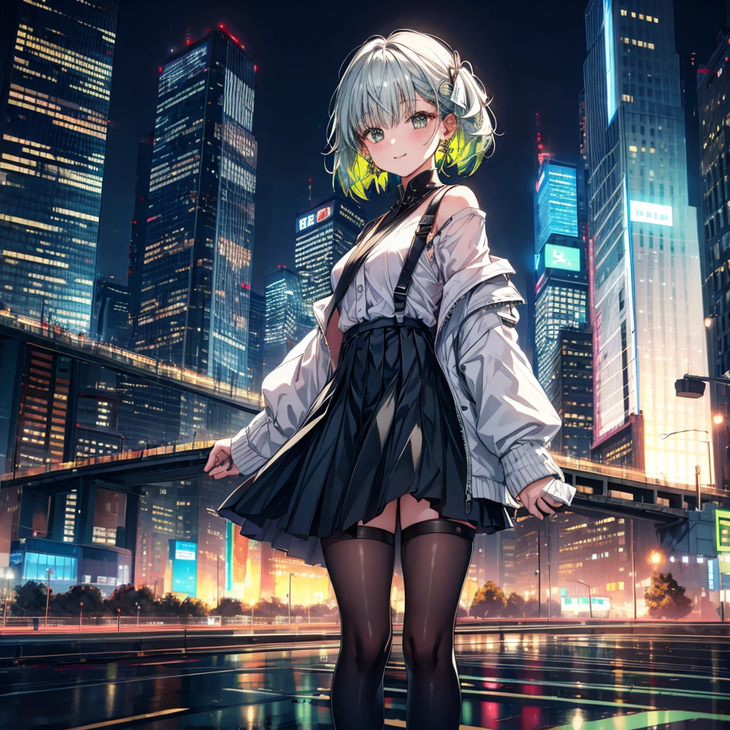 One girl, black_skirt, green_hair, building, city, cityscape, hair_between_eye, Jacket, Looking_in_Audience, Moderate_hair, Multicolor_hair, night, off_shoulder, Outdoor, pleined_skirt, road, shirt, skirt, Skyscraper, smile, 一人in_concentrated, street, white_shirt