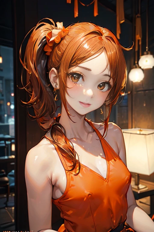 (masterpiece, best quality:1.6),
(random sexy pose),(cute and symmetrical face),
perfecteyes, beautiful orange eyes,
(20 years old:1.5),(cute idol), (cute smile:1.5), woman studying art, Fashion Model, (make-up face), glossy lips, Makeup that emphasizes the eyes, well-groomed eyebrows, (Glossy smooth hair, Light ash brown hair color, Orange Hair Extensions, side ponytail hairstyle:1.8), model body, slim figure, ((small breasts, flat chest)), (bright, cheerful, friendly woman:1.2),
(((Nipples visible, beautiful nipples))),
(orange sexy Lingerie, orange thong),
(Silver ring, colorful earrings, Multiple Piercings,multiple necklaces, bright orange charm necklace, Bold silver bangles, wearing many bangles),
(daytime, A busy street:1.3, wide angle and depth of field),
official art, raw photo, incredibly absurdres, facelight, dynamic lighting, cinematic lighting, ultra realistic, highres, photography, sharp focus, extremely detailed eyes and face,