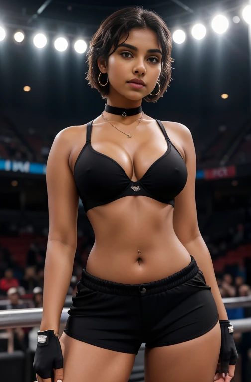 An 18 year old short indian girl, baby face, tight black sports shorts, full body shot, micro black bra, choker necklace, hoola earrings, slim waist, short hair, voluptuous athletic body, huge breasts, high quality, 8k, photorealistic, detailed portrait, cinematic lighting, gloves, cleavage, arena