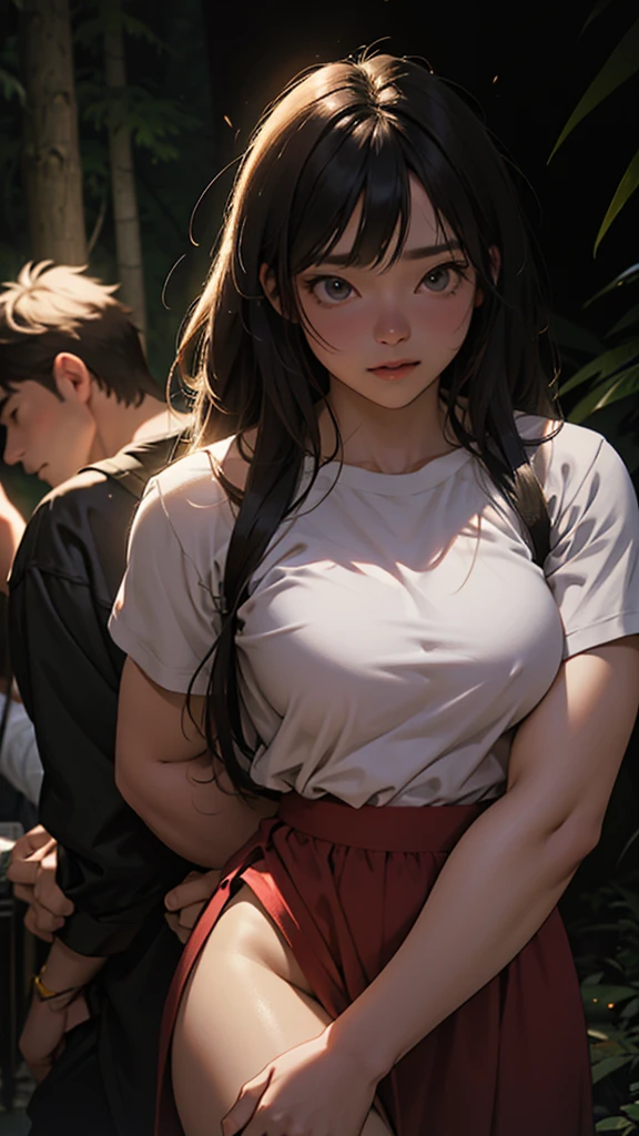 a couple at a drunken night party in the forest above the hills, girl wearing short clothes with big hips, detailed face and body, ultra-realistic, cinematic lighting, wide angle