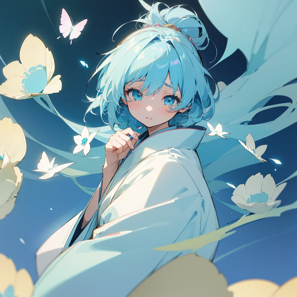 (1 girl:1.3)、(Light blue hair:1.2)、Light blue and green kimono(masterpiece, Highest quality,Beautiful details, Very detailed, :1.2), mysterious、forget-me-not、Don't forget、tears、Sad space、Highest quality、Japanese style、