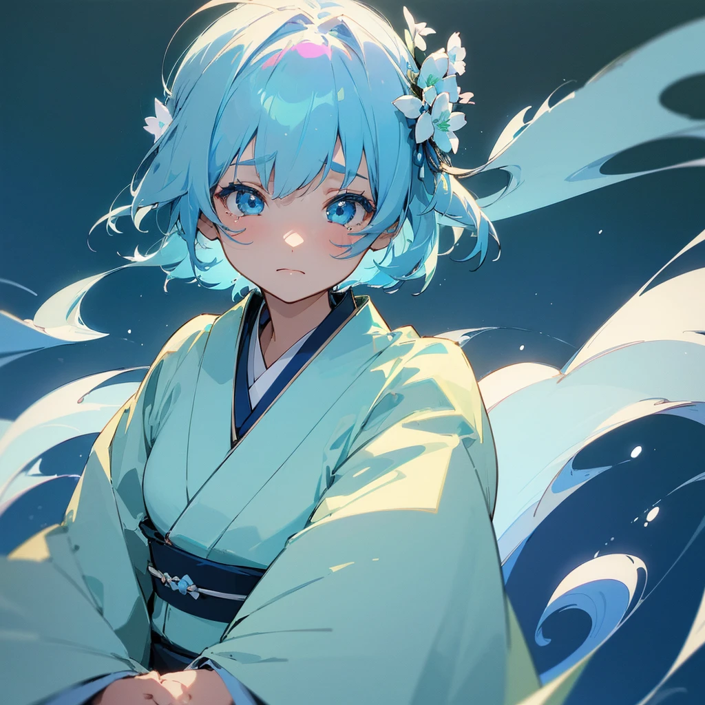 (1 girl:1.3)、(Light blue hair:1.2)、Light blue and green kimono(masterpiece, Highest quality,Beautiful details, Very detailed, :1.2), mysterious、forget-me-not、Don't forget、tears、Sad space、Highest quality、Japanese style、