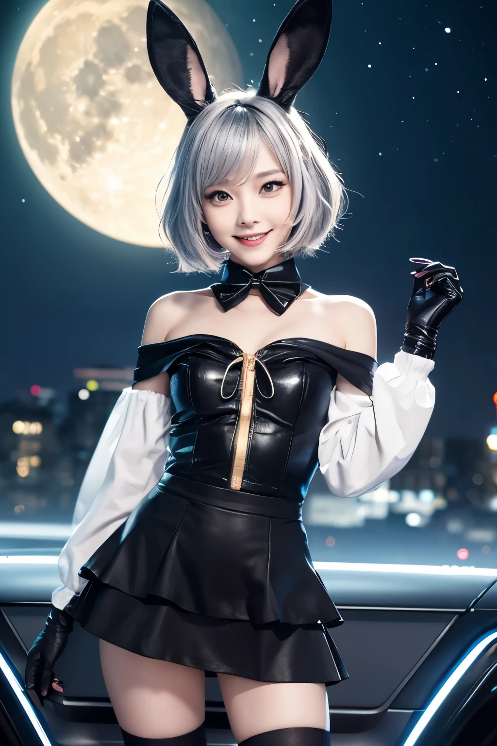 Detailed illustration of an anime style female character with short wavy silver hair with a red ribbon and black bunny ears。She has big purple eyes and a joyous smile.。The character wears a black and white outfit with a futuristic design.、Features gold accents。High collar、Off-the-shoulder sleeves、The layered skirt is a distinctive feature.。He wears a black glove on his right hand、Posed close to the face。A futuristic cityscape spreads out in the background.、I can see a big bright moon and some celestial rings.、It exudes a sci-fi atmosphere.。